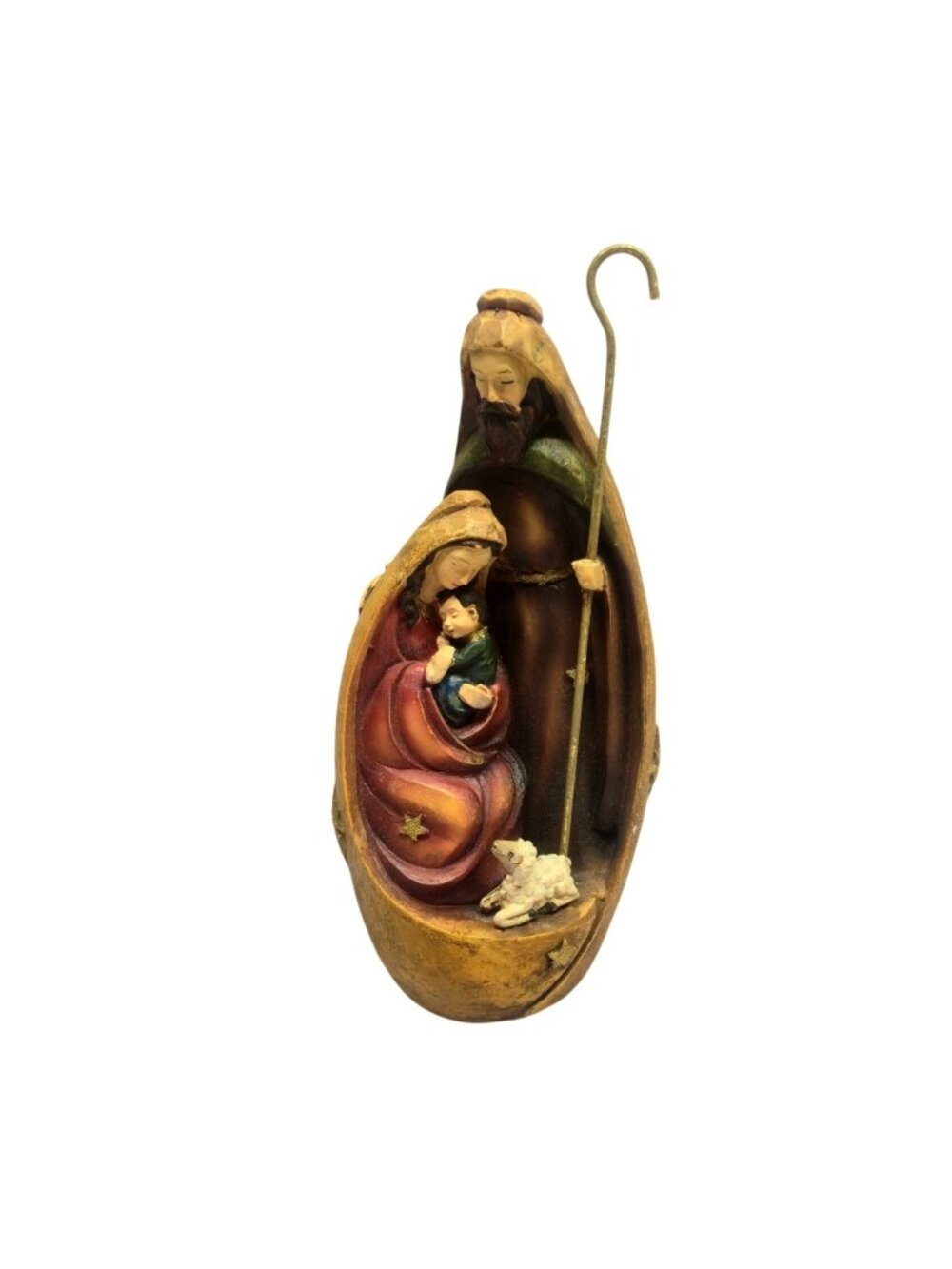 Rustic Nativity  scene Mary Joseph Baby Jesus & Lamb In Hand-Painted Christmas